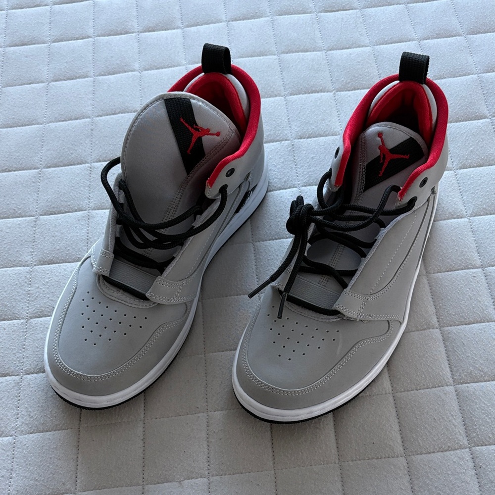 Jordan Fadeaway Men’s Wolf Gray and Red High-Top Sneakers